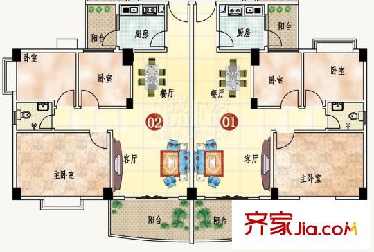 金沙時尚麗居戶型圖7座2-6平層 3室2廳1衛(wèi)1廚