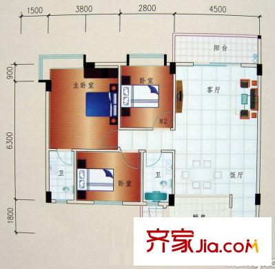 永堅(jiān)豪庭戶型圖3室2廳戶型圖 3室2廳2衛(wèi)1廚
