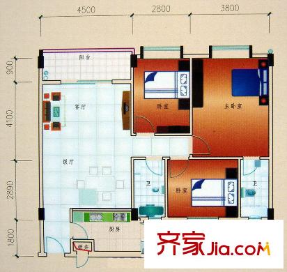永堅豪庭戶型圖3室2廳戶型圖 3室2廳2衛(wèi)1廚
