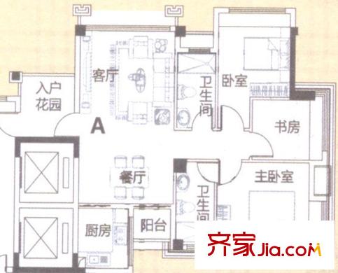 風(fēng)度廣場(chǎng)1棟5-9層A戶型 3室2廳2衛(wèi)1廚