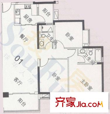 中海金沙灣戶型圖A3棟5～27層01 3室2廳2衛(wèi)1廚
