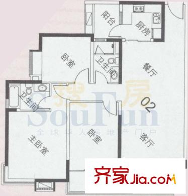 中海金沙灣戶型圖A329～33層02 3室2廳2衛(wèi)1廚
