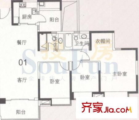 中海金沙灣戶型圖A2棟5～27層01 3室2廳2衛(wèi)1廚