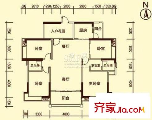 雍景豪園帝景臺戶型圖四室兩廳戶型圖 4室2廳2衛(wèi)1廚
