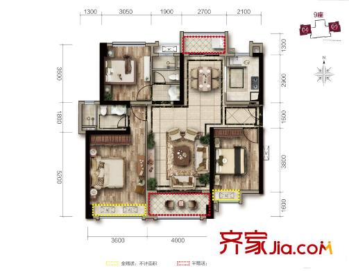 富豐君御9座01/04單元 約130平方米 3室2廳2衛(wèi)1廚