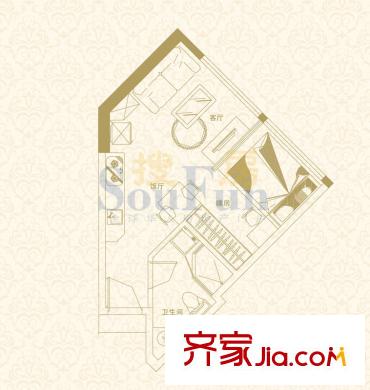 瑞安花園國(guó)際公寓F戶型46平方米 1室1廳1衛(wèi)1廚
