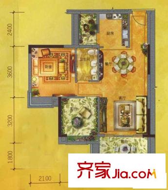 佛奧康橋水岸戶型圖百變洋房C戶型  1室2廳1衛(wèi)