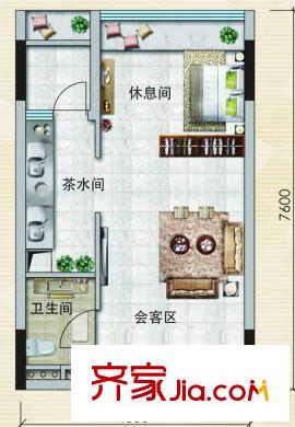 麗日廣場平層F戶型43平方米 1室1廳1衛(wèi)1廚