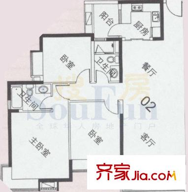 中海金沙灣戶型圖A3棟5～27層02 3室2廳2衛(wèi)1廚