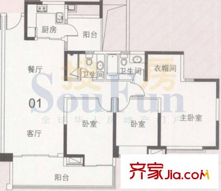 中海金沙灣戶型圖A229～33層01 3室2廳2衛(wèi)1廚
