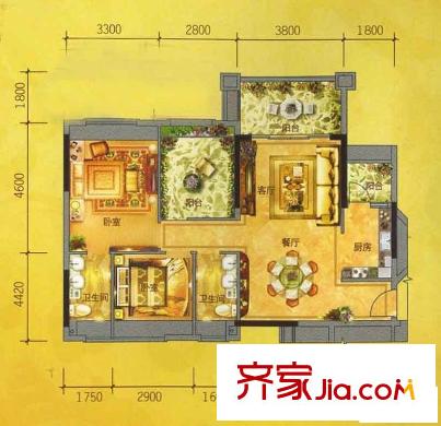 佛奧康橋水岸戶型圖百變洋房B2戶型  2室2廳2衛(wèi)