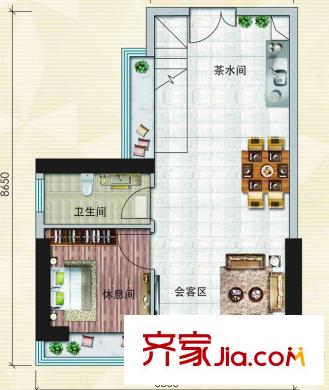 麗日廣場E戶型57平方米一層平面 1室2廳1衛(wèi)1廚