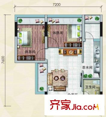 麗日廣場平層G戶型56平方米 2室1廳1衛(wèi)1廚