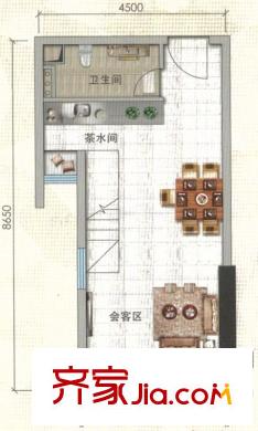 麗日廣場復(fù)式D戶型43平方米一層 1室1廳1衛(wèi)1廚