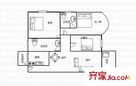 銀豐花園戶(hù)型圖3室2廳 戶(hù)型圖 3室2廳1衛(wèi)1廚