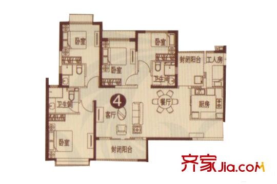 恒大名都25/29#1單元04戶型 4室2廳3衛(wèi)1廚