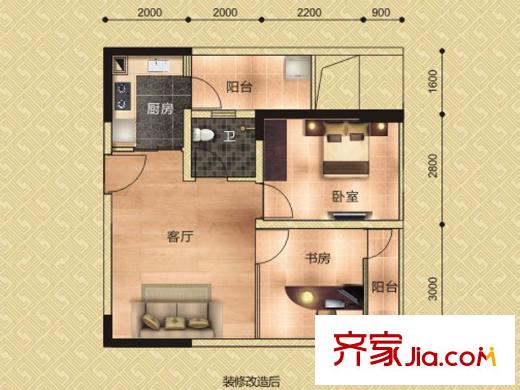 天健世紀花園6#樓02戶型 2室1廳1衛(wèi)1廚