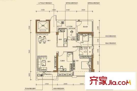 時代茗城|財富天下13#樓88平戶型 4室2廳2衛(wèi)1廚