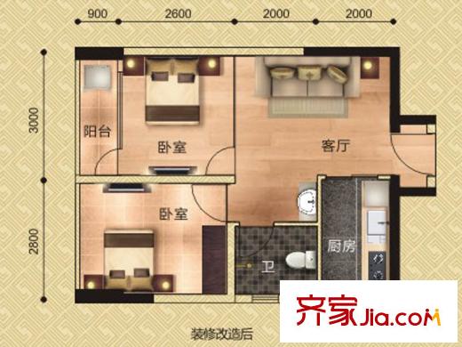 天健世紀花園6#樓09戶型 2室1廳1衛(wèi)1廚