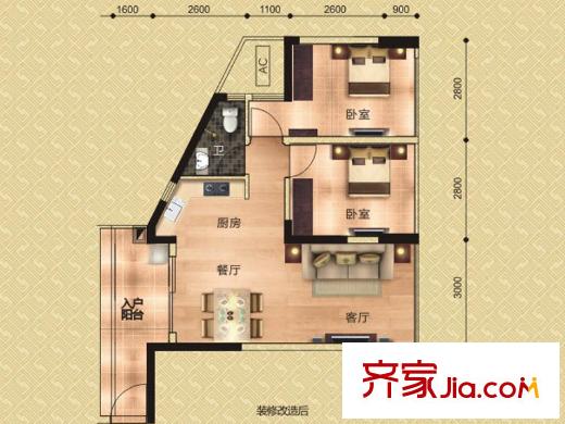 天健世紀花園6#樓01戶型 2室1廳1衛(wèi)1廚