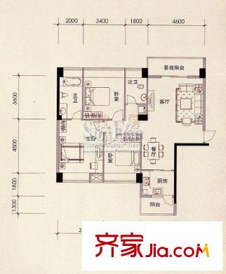 盛天茗城戶型圖1 3室2廳2衛(wèi)1廚