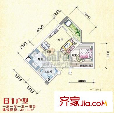 瑯園錦繡前程戶型圖B1戶型 1室1廳1衛(wèi)1廚