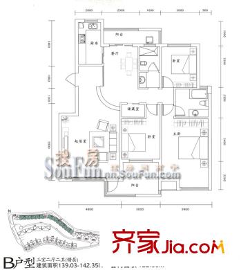 萬正鳴翠谷戶型圖B戶型 3室2廳2衛(wèi)1廚
