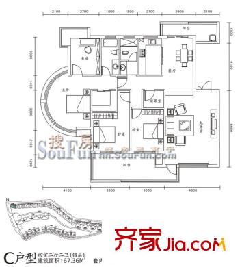 萬正鳴翠谷戶型圖C戶型 4室2廳2衛(wèi)1廚