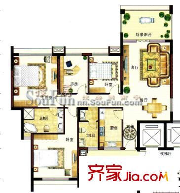半島香格里拉戶型圖C1戶型 4室2廳2衛(wèi)1廚