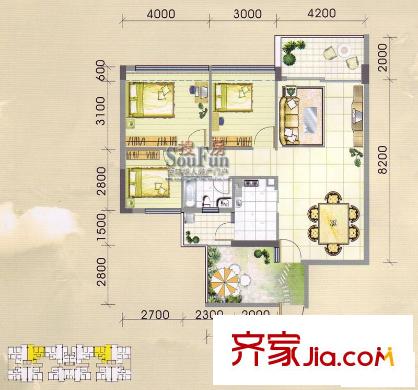 城市印象戶型圖3室2廳1衛(wèi)1廚
