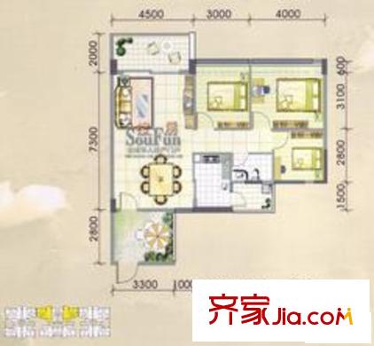 城市印象戶型圖3室2廳2衛(wèi)1廚