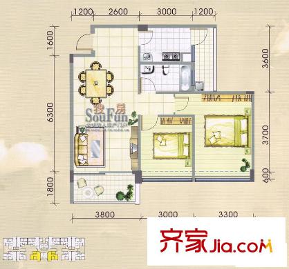 城市印象戶型圖2室2廳1衛(wèi)1廚