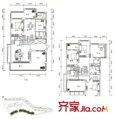 萬正鳴翠谷戶型圖5＋1室三廳三衛(wèi)（三、四層） 6室3廳3衛(wèi)1廚