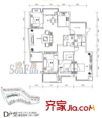 萬正鳴翠谷戶型圖D戶型 4室2廳2衛(wèi)1廚