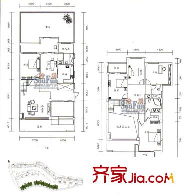 萬正鳴翠谷戶型圖5＋1室三廳三衛(wèi)（一、二層） 6室3廳3衛(wèi)1廚