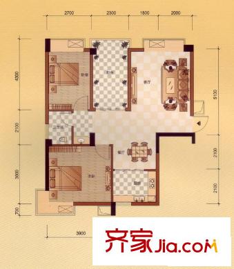 中新國(guó)際戶型圖D戶型 2室2廳1衛(wèi)1廚