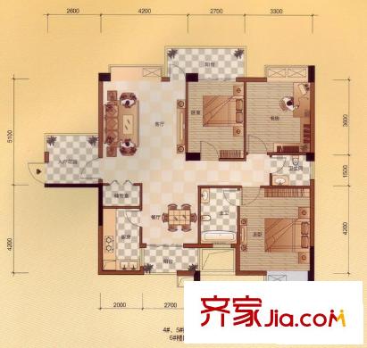 中新國際戶型圖E戶型 3室2廳2衛(wèi)1廚