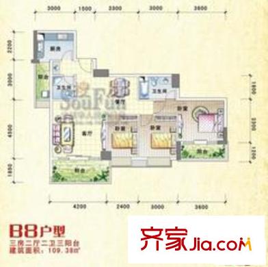 瑯園錦繡前程戶型圖B8戶型 3室2廳2衛(wèi)1廚