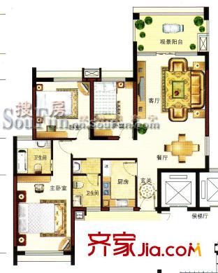 半島香格里拉戶型圖E1戶型 3室2廳2衛(wèi)1廚