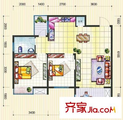 歐景庭園戶型圖2房2廳 2室2廳1衛(wèi)1廚