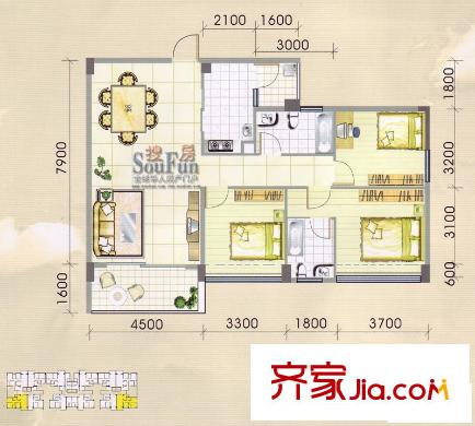 城市印象戶型圖3室2廳2衛(wèi)1廚