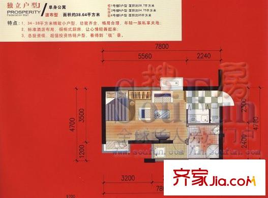 盛世聯(lián)邦廣場戶型圖獨立戶型J 1室1廳1衛(wèi)1廚