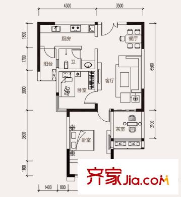 金源城?金源悅平方米16#、17#、18#樓HA-1戶型 2室2廳1衛(wèi)1廚