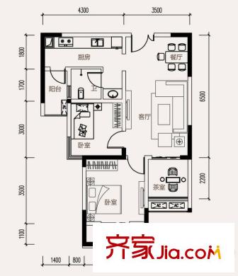 金源城?金源悅平方米13#、14#、15#樓HB-1戶(hù)型 2室2廳1衛(wèi)1廚