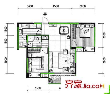 聯(lián)發(fā)尚品戶型圖3期16#樓B戶型 2室2廳1衛(wèi)1廚