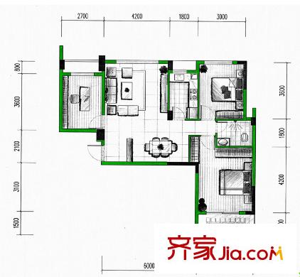 聯(lián)發(fā)尚品戶型圖3期7#樓V戶型 2室2廳1衛(wèi)1廚