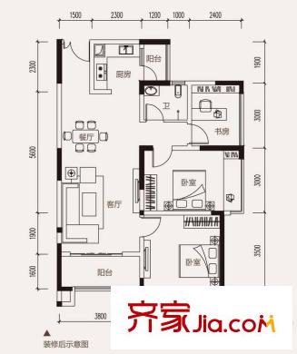 金源城?金源悅平方米16#、17#、18#樓HA-2戶型 2室2廳1衛(wèi)1廚