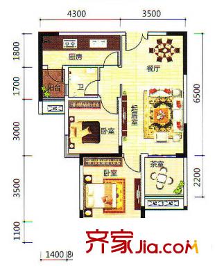 金源城?金源悅平方米13#、14#、15#樓HB-1戶(hù)型 2室2廳1衛(wèi)1廚