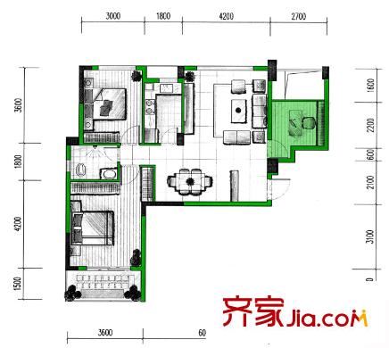 聯(lián)發(fā)尚品戶型圖3期7#樓U戶型 2室2廳1衛(wèi)1廚