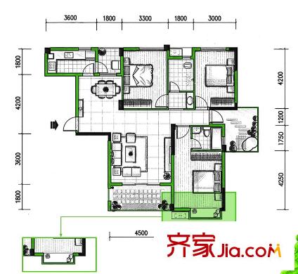 聯(lián)發(fā)尚品戶型圖3期16#樓H戶型 3室2廳2衛(wèi)1廚